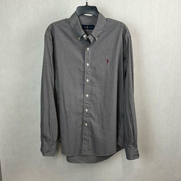 Ralph Lauren Button Front Shirt Mens Sz Large Long Sleeve White Navy Blue Plaid - Picture 1 of 10